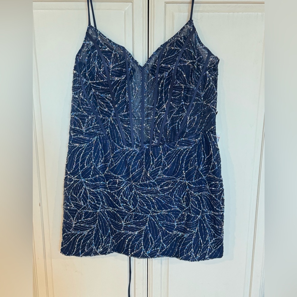 Alyce Paris Midnight Blue Leaf Sequin Mini Dress